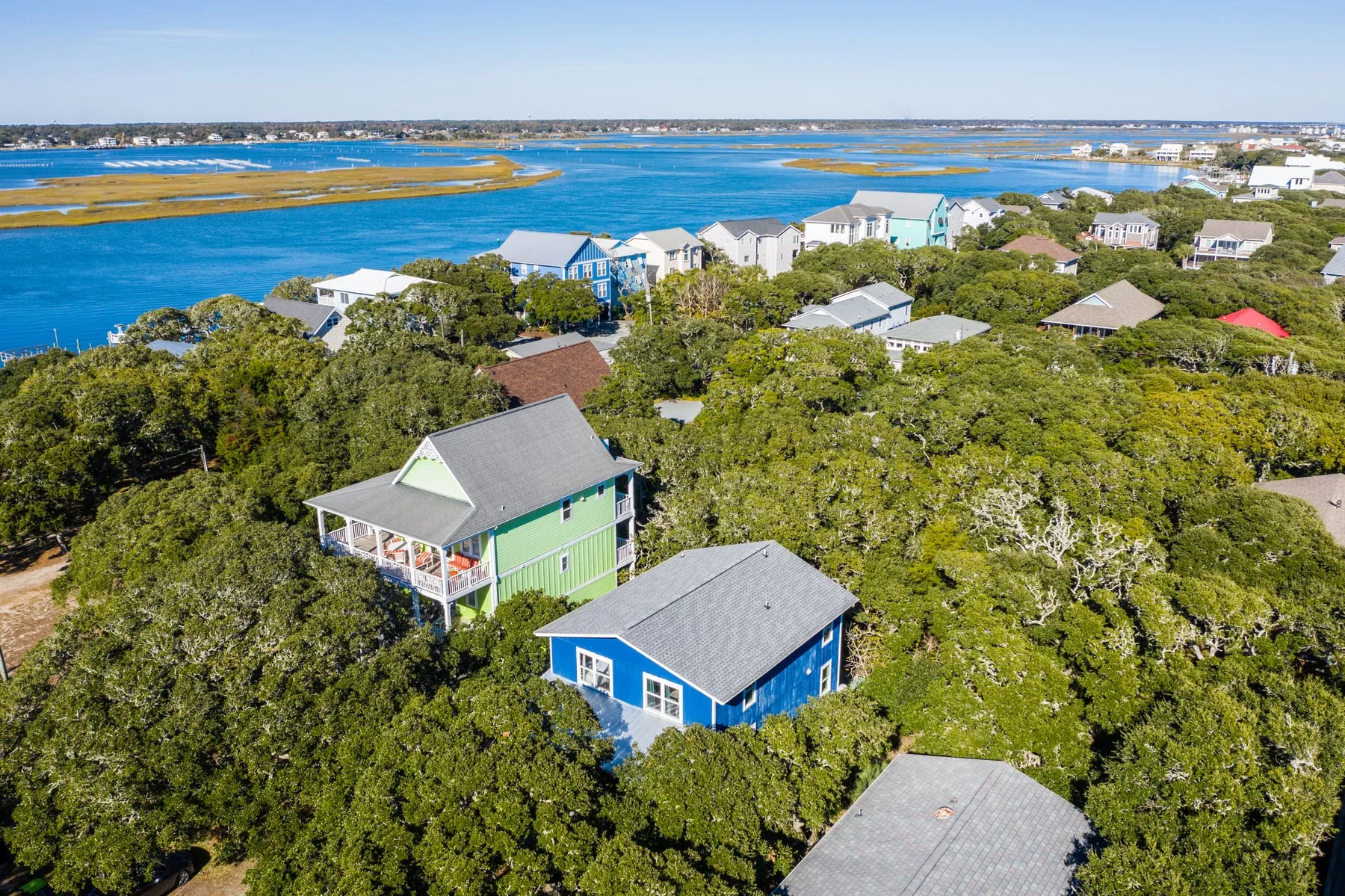 Overhead aerial of the Sound to Sea home with the sound and marsh behind it