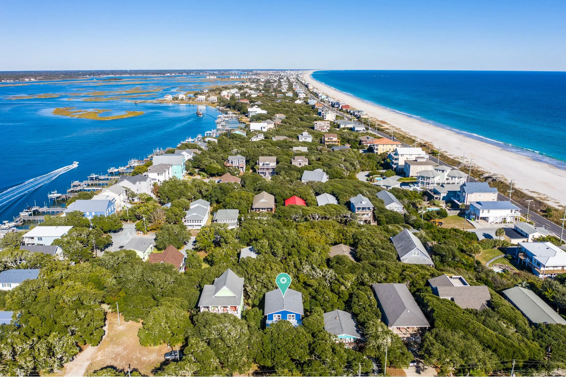 Topsail Island from above, between the sound and the ocean