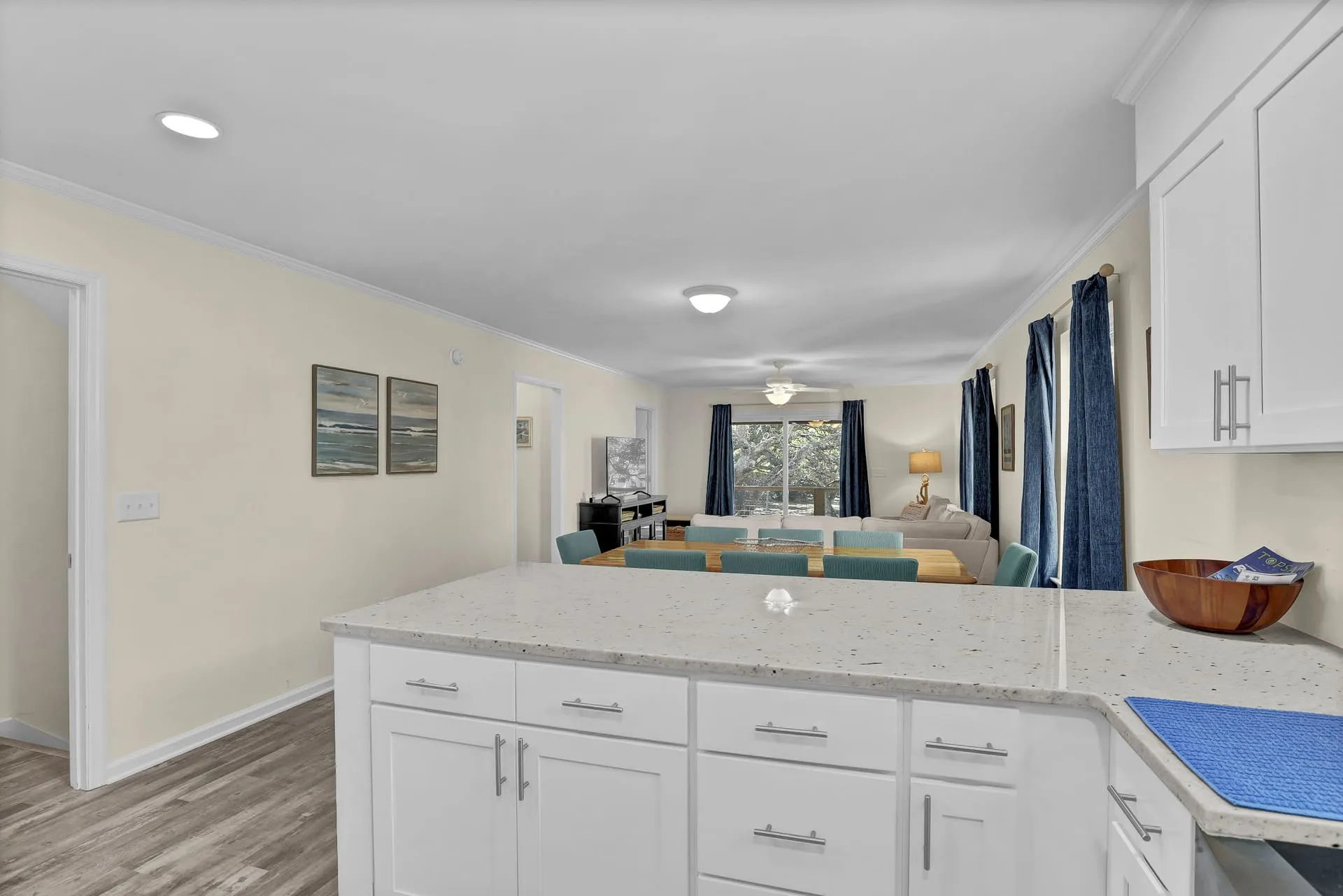 Kitchen counter view across the open living and dining area